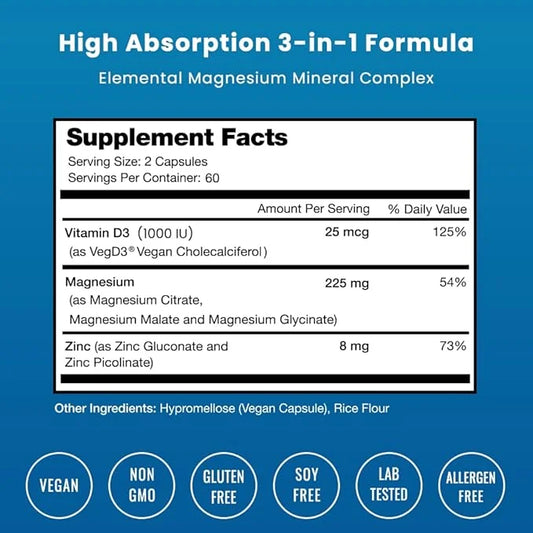 NutraChamps Magnesium Zinc & Vitamin D3 Supplement 120 Vegan
