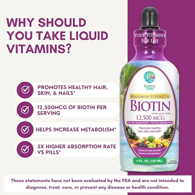 Maximum Strength Liquid Biotin Drops w/ 12,500 MCG -5X More 4oz, 30 30 Serv