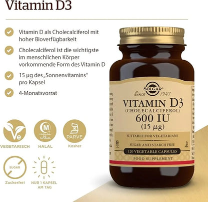 Solgar Vitamin D3 (Cholecalciferol) 15 mcg (600 IU), 120 Vegetable 120 Servings