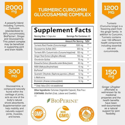 Turmeric Curcumin with BioPerine, Ginger & 95% Curcuminoids 2000mg Black 180 Capsules