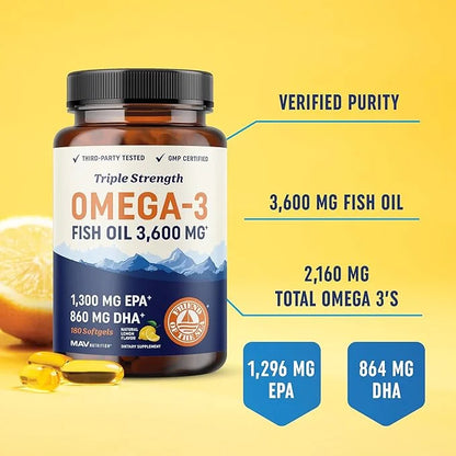 Triple Strength Omega 3 Fish Oil 3600 mg 2100mg of Omega-3 Fatty 1300mg EPA 860mg DHA (180 Ct)