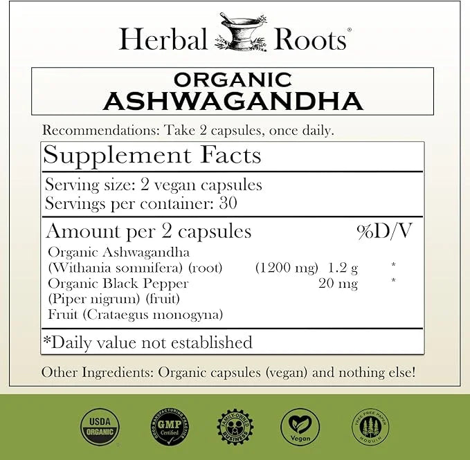 Herbal Roots Ashwagandha Capsules 1,000mg per 60 Vegan
