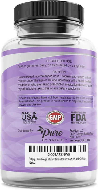 Pure By Nature Mega Multi Gummies, Natural Flavored Multi Vitamin Gummies for Women & Men, Dietary Supplement, Multivitami...
