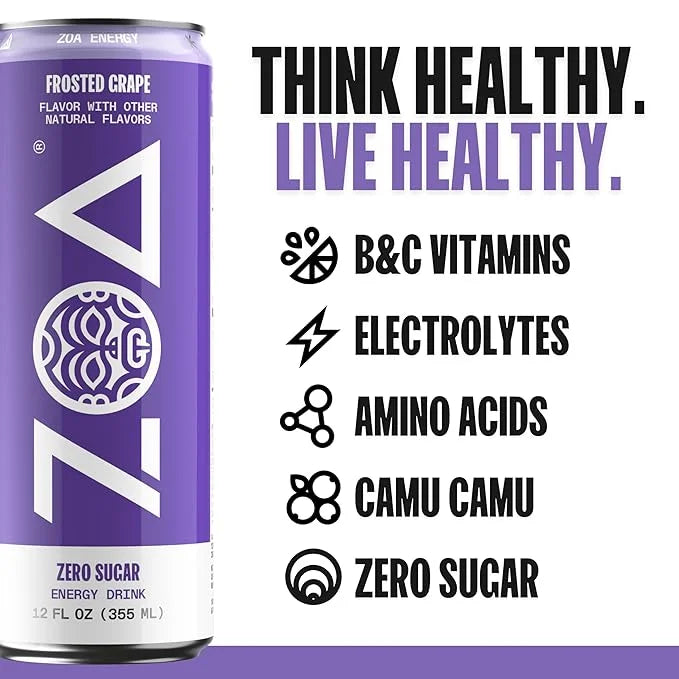 ZOA Zero Sugar Energy Drinks, Frosted Grape - Sugar Free with Electrolytes, Healthy Vitamin C, Amino Acids, Essential B-Vi...
