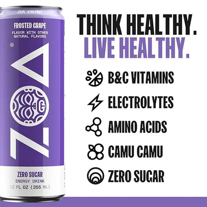 ZOA Zero Sugar Energy Drinks, Frosted Grape - Sugar Free with Electrolytes, Healthy Vitamin C, Amino Acids, Essential B-Vi...
