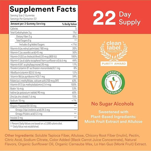 SmartyPants Kids Multivitamin Gummies, Sugar Free: 3 (ALA), D3, C, B12, B6, B6, Vitamin 44 Count (22 Day