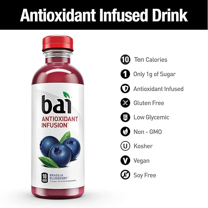 Bai Flavored Water, Brasilia Blueberry, Antioxidant Infused Drinks, 18 Fluid Ounce Bottle (Pack of 12) - Product Image