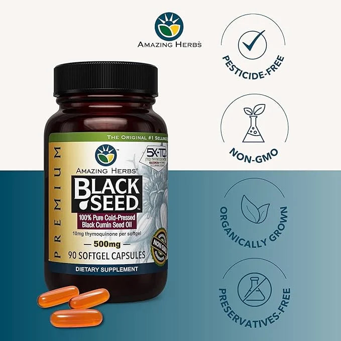 Amazing Herbs Premium Black Seed Oil Capsules - Gluten Free, Non GMO, Cold Pressed Nigella Sativa Aids in Digestive Health...