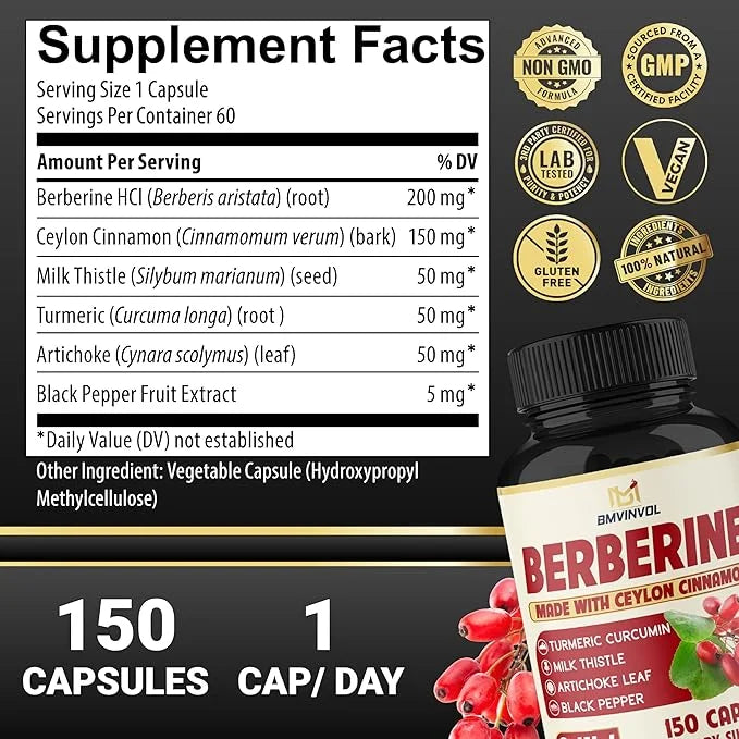 Berberine with Ceylon Cinnamon, Turmeric, Milk Thistle, Artichoke, Black Pepper - 150 Count - Pack of 1 - Product Image