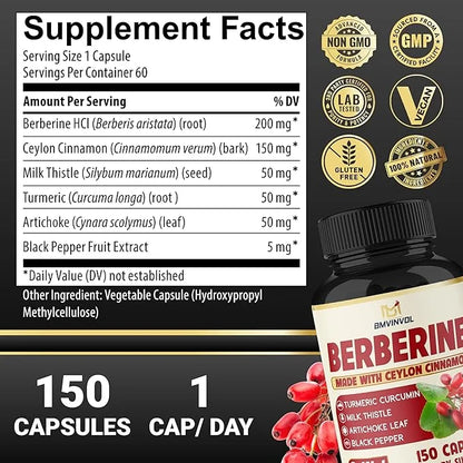 Berberine with Ceylon Cinnamon, Turmeric, Milk Thistle, Artichoke, Black Pepper - 150 Count - Pack of 1 - Product Image