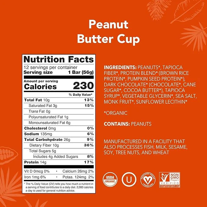 ALOHA Organic Plant Based Protein Bars - Peanut Butter Cup Bar - 12 Bars, Vegan, Low Sugar, Gluten-Free, Low Carb, Non-GMO...