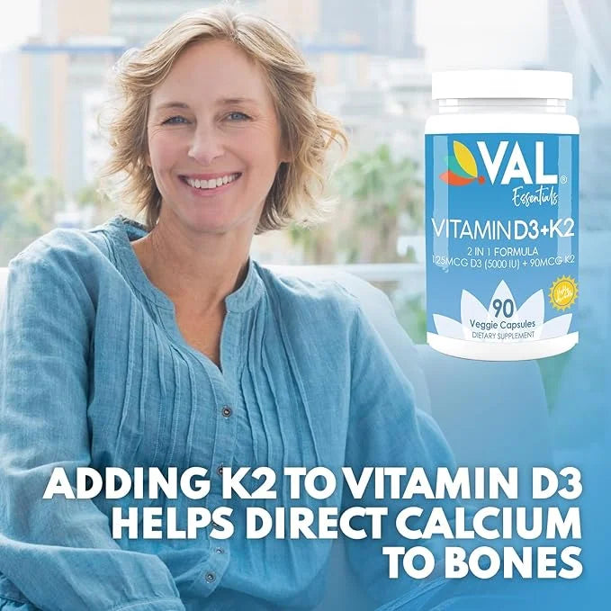 VAL Essentials Vitamin K2 + D3 Supplement 5000 IU D3 & 90 mcg K2 MK-7, MK-7, Non-GMO, 90 Vegetarian