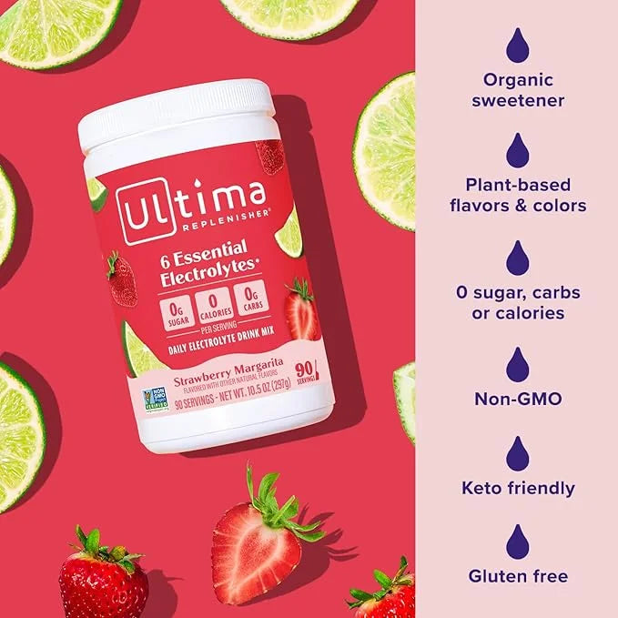 Ultima Replenisher Daily Electrolyte Powder Drink Mix – Strawberry Margarita, 90 Servings – Hydration Powder with 6 Key El...