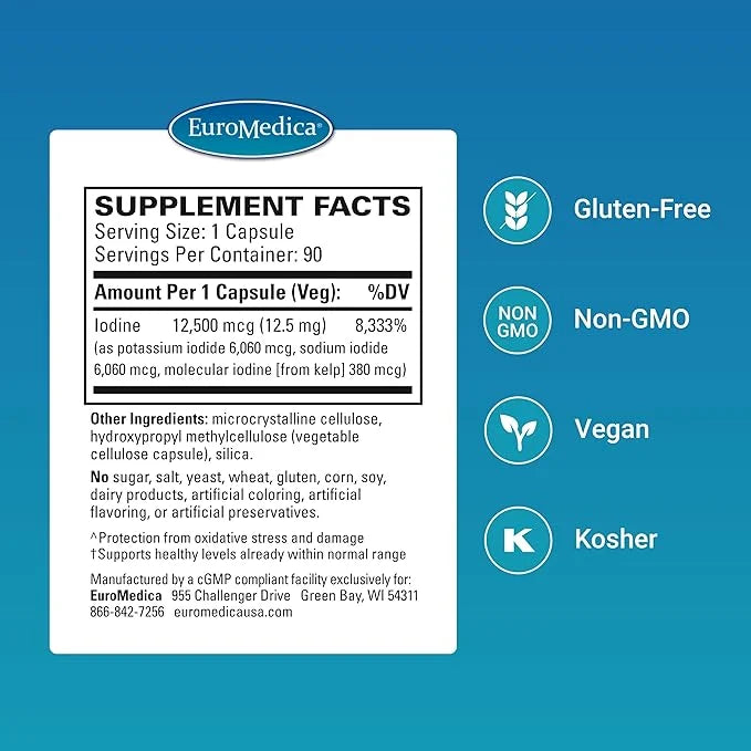 EuroMedica Tri-Iodine - Support Thyroid Health - Aids Hormone Balance with Molecular Iodine from Kelp - Features Potassium...