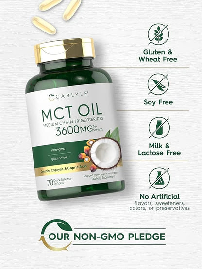 Carlyle MCT Oil Capsules 3600 mg | 70 Softgels | Keto Coconut Oil Pills | Non-GMO & Gluten Free Supplement - Product Image