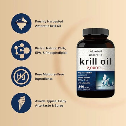 Antarctic Krill Oil 2000mg Supplement, 240 3X Strength Omega-3s, EPA 240mg + 160mg + 800mcg –