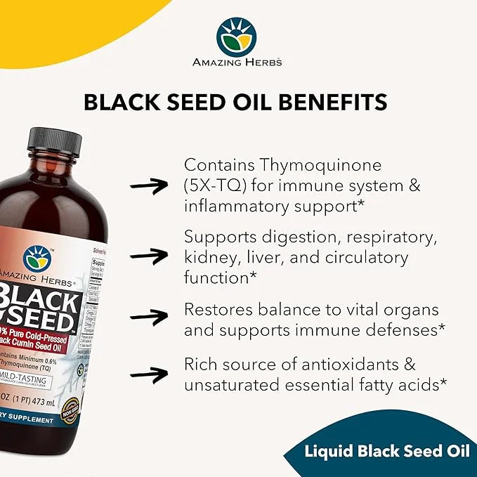 Amazing Herbs Egyptian Black Seed Oil - Gluten Free, Non GMO, Cold Pressed Nigella Sativa Aids in Digestive Health, Immune...