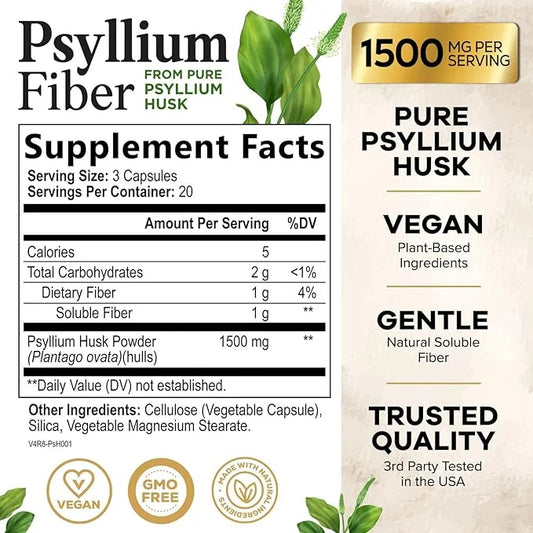 Psyllium Husk Capsules 1500mg, Natural Soluble 60 Capsules
