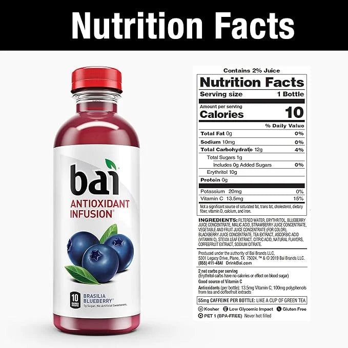 Bai Flavored Water, Brasilia Blueberry, Antioxidant Infused Drinks, 18 Fluid Ounce Bottle (Pack of 12) - Product Image