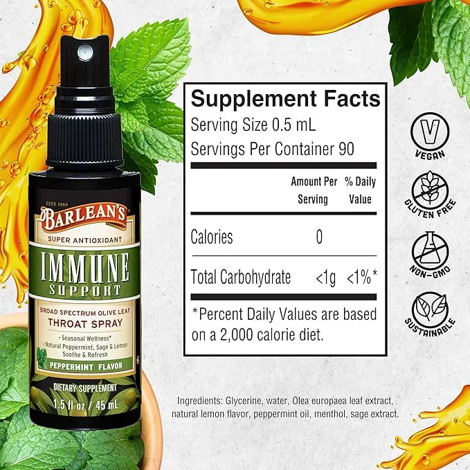 Barlean's 2 Pack Olive Leaf Complex Throat Spray with Peppermint, Lemon, and Sage for Itchy Throat Relief, Immune Support ...