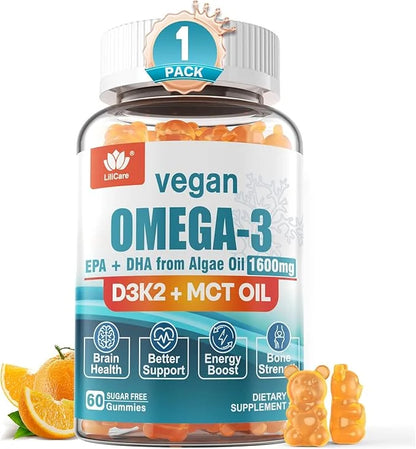 Vegan Omega3 Gummies 1280mg + Vitamin D3 K2, Sugar Free Omega 3 Fish Oil Alternative w/EPA 600mg & DHA 400mg & MCT Oil, No...