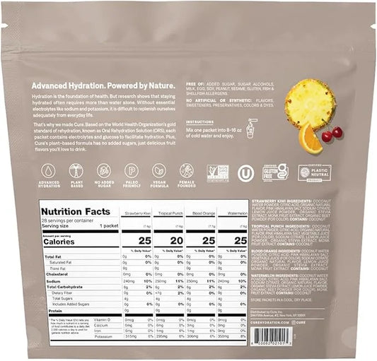 Cure Hydration | Plant-Based Electrolyte Drink Mix | No Added Sugar | FSA & HSA | Non-GMO | Vegan | 28ct - Tropical Variet...