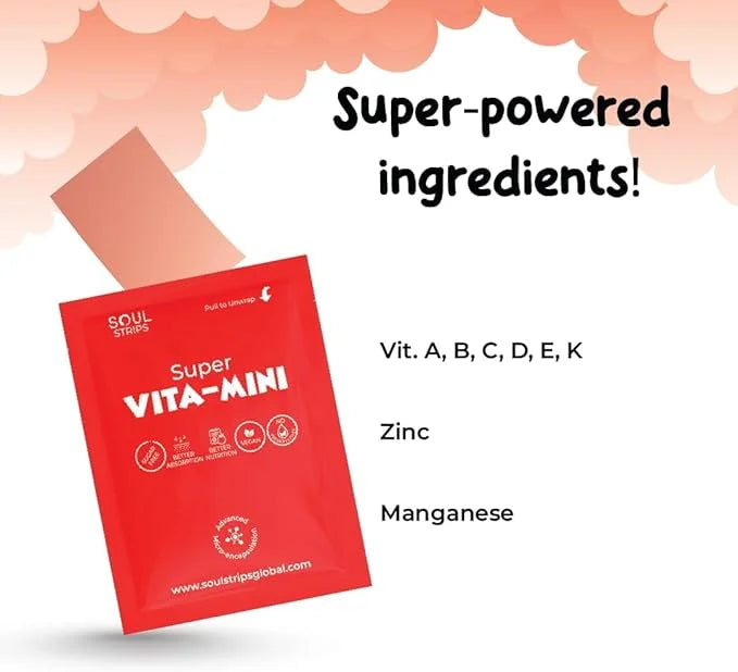 Soul Strips Super Vita-Mini - Essential Vitamins A, B, C, D, E, K & Minerals for Kids' Growth & Health, Raspberry, Zero Su...