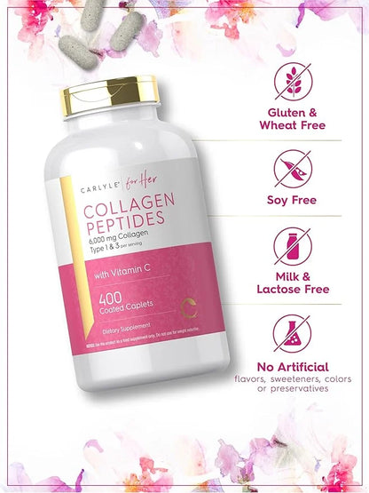 Carlyle Collagen Peptides 6000mg | 400 Caplets | with Vitamin C | Type 1 and 3 | Non-GMO, Gluten Free, Grass Fed Supplemen...