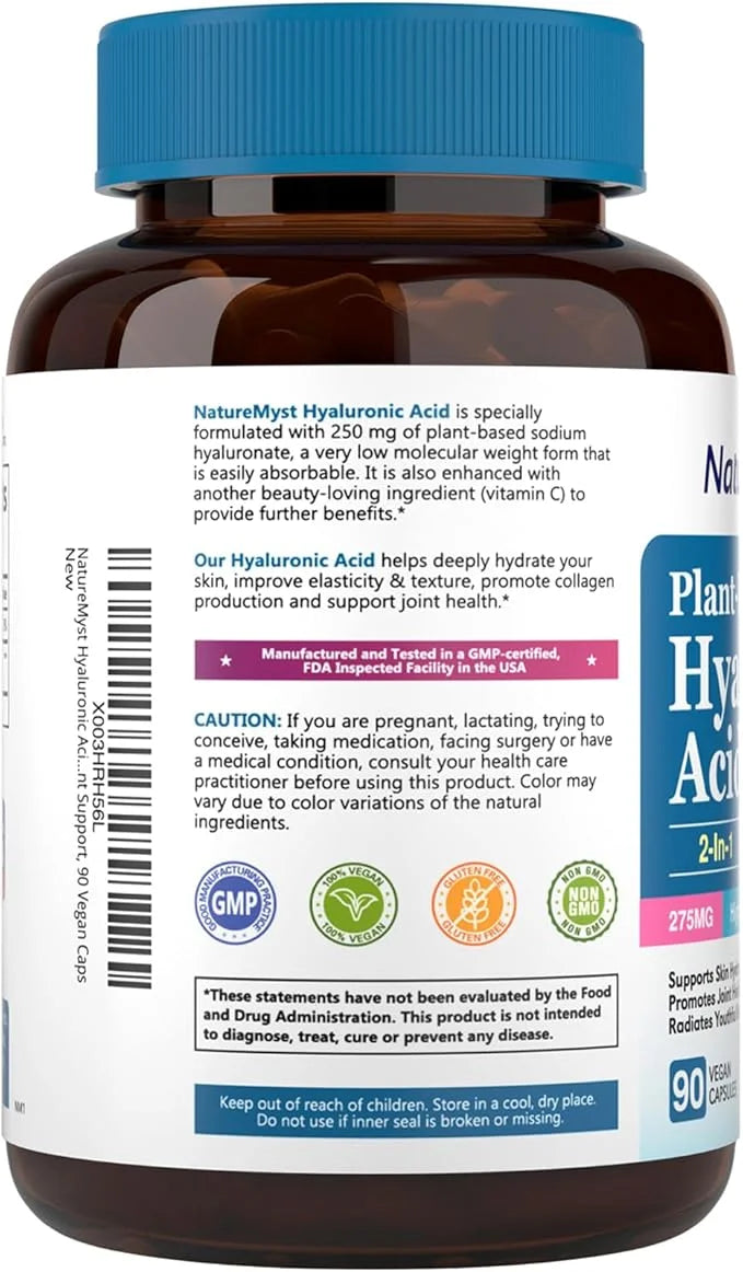 Hyaluronic Acid Supplement, with Vitamin C, 250mg Plant-Based HA, 90 Vegan Caps, for Joints, Skin & Eyes, Collagen Product...