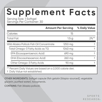 Sports Research Triple Strength Omega 3 1250mg from Omega3s EPA 30 Softgels