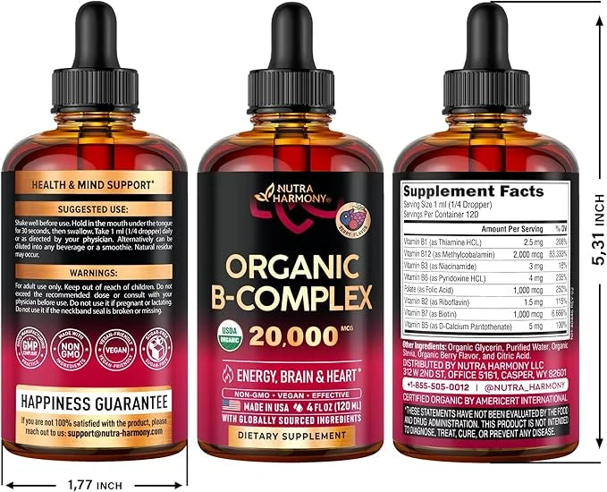 USDA Organic Vitamin B-Complex B5 Pantothenic Acid B12 Methylcobalamin B1 Thiamine B6 Pyridoxine B7 Biotin B9 Folic B3 Nia...