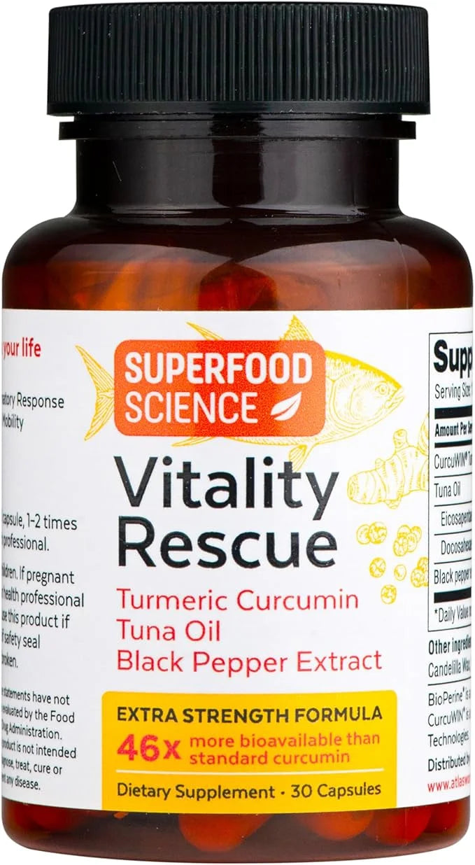 Vitality Rescue, Fish Oil DHA EPA Omega 3 and Turmeric Supplement w/Bioperine, CurcuWin 46X Superior Absorption Curcumin t...