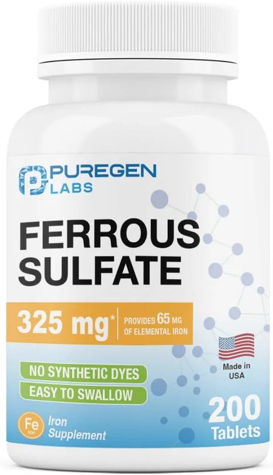 Puregen Labs Ferrous Sulfate 325 mg (65 mg Elemental Iron) High Potency Iron Supplement | No Artificial Color Additives - ...