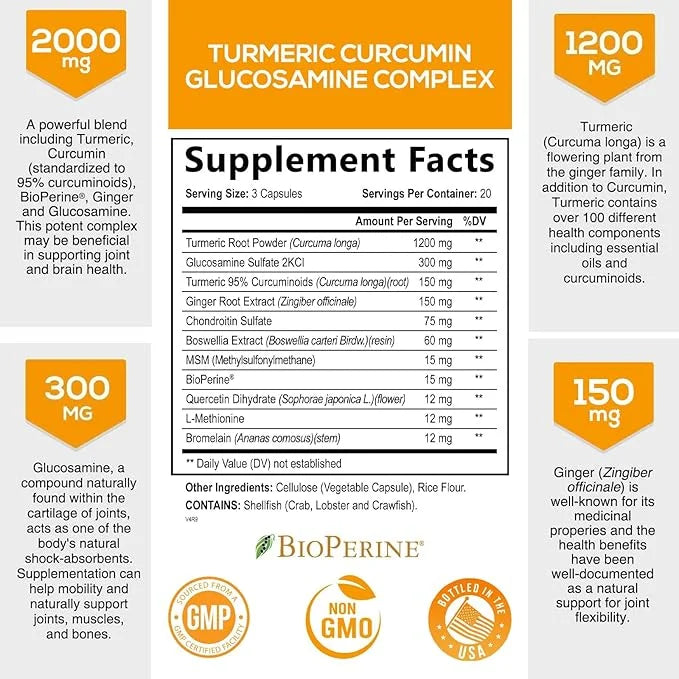 Turmeric Curcumin with BioPerine, Ginger & 95% Curcuminoids 2000mg Black 60 Capsules