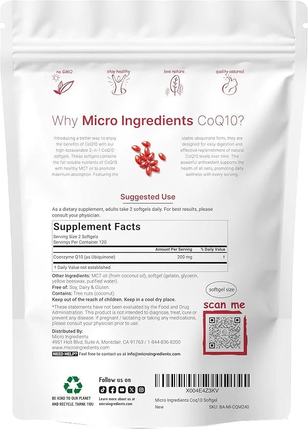 Micro Ingredients CoQ10 200mg Per Serving | 240 Softgels with Coconut MCT Oil | High Absorption Coenzyme Q10 as Ubiquinone...
