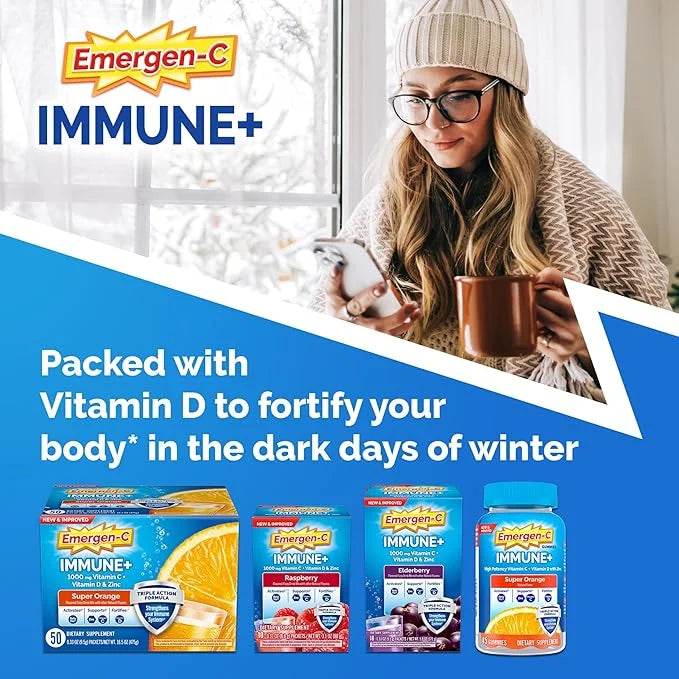 Emergen-C Immune+ Vitamin C 1000mg (18 Count, Elderberry) Dietary Supplement Fizzy Drink Mix Powder Packets - Product Image