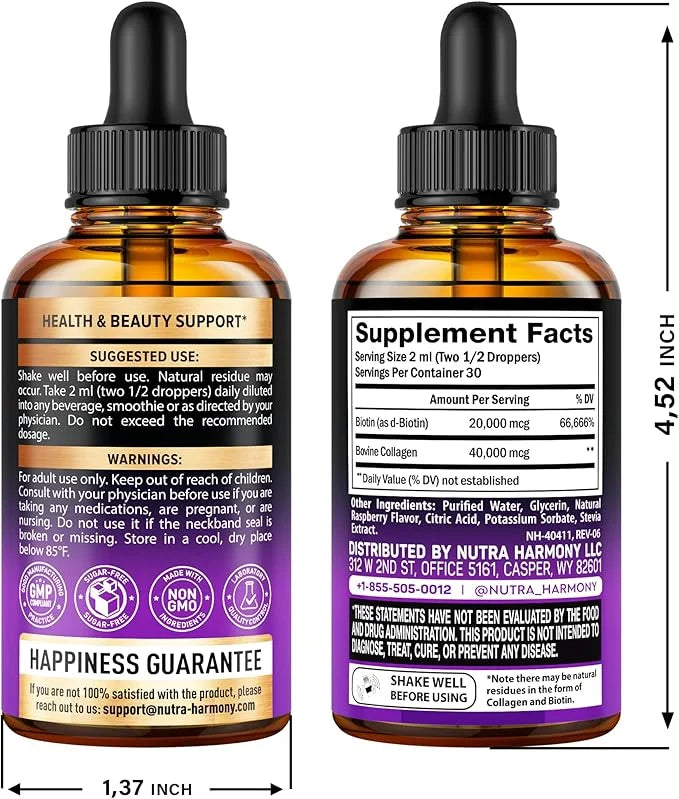 Liquid Biotin & Collagen - Vitamins for Hair Growth Support for Women & Men - Extra Strength 60000 mcg Drops - B7 Suppleme...
