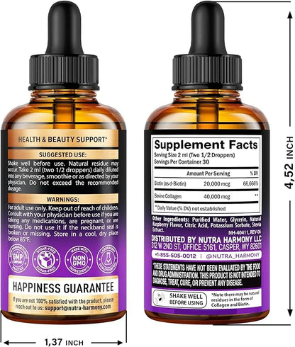 Liquid Biotin & Collagen - Vitamins for Hair Growth Support for Women & Men - Extra Strength 60000 mcg Drops - B7 Suppleme...