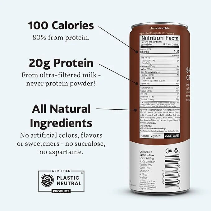 Slate Milk - High Protein Milk Shake - Classic Chocolate - Lactose Free, 20g Protein, 1g Sugar, 100 Calories, 2g Net Carbs...