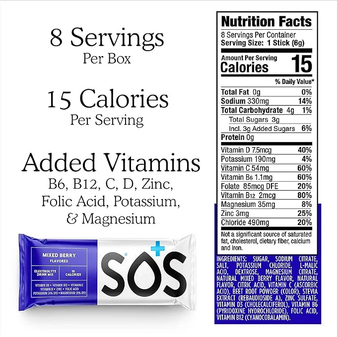 SOS Hydration Electrolyte Powder Packets, Mixed Berry Flavor, 8 Stick Packs – Low-Calorie, Rapid Rehydration, Made in USA,...