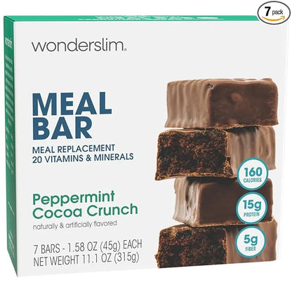 WonderSlim Meal Replacement Protein Bar, Peppermint Cocoa Crunch, 15g Protein, 20 Vitamins & Minerals, Gluten Free (7ct) -...