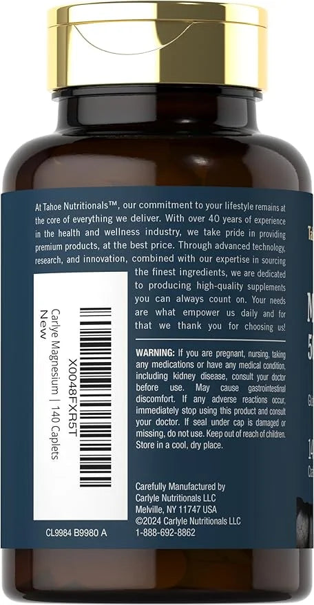 Tahoe Nutritionals Magnesium | 500mg | 140 Coated Caplets | Non-GMO and Gluten Free Supplement - Product Image