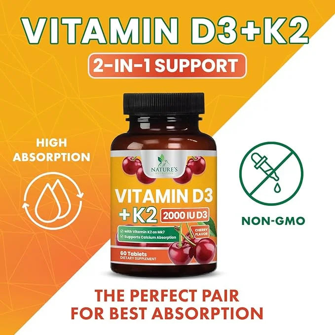 Vitamin D3 K2 as MK-7 2000iu of D3 & 75mcg K2, K2, Vitamin K2 D3 D3 Bone 60 Chewable