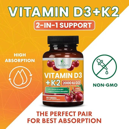 Vitamin D3 K2 as MK-7 2000iu of D3 & 75mcg K2, K2, Vitamin K2 D3 D3 Bone 60 Chewable