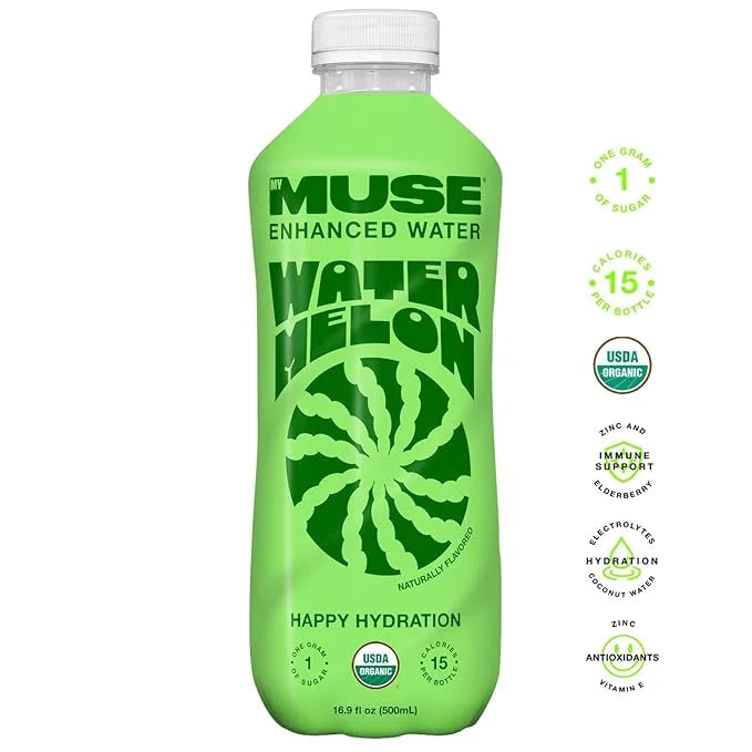 MyMuse Organic Enhanced Flavored Water, Watermelon, 16.9oz Bottle (12 pack), 1G of Sugar, Immune Support with Zinc & Elder...