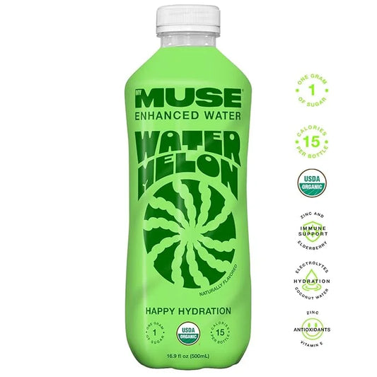 MyMuse Organic Enhanced Flavored Water, Watermelon, 16.9oz Bottle (12 pack), 1G of Sugar, Immune Support with Zinc & Elder...