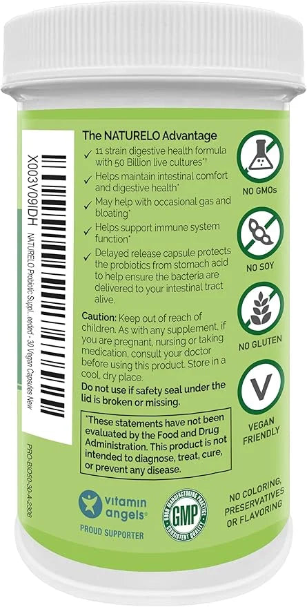 NATURELO Probiotics for Digestive Health 50 Billion 11 Strains 30 Vegetarian