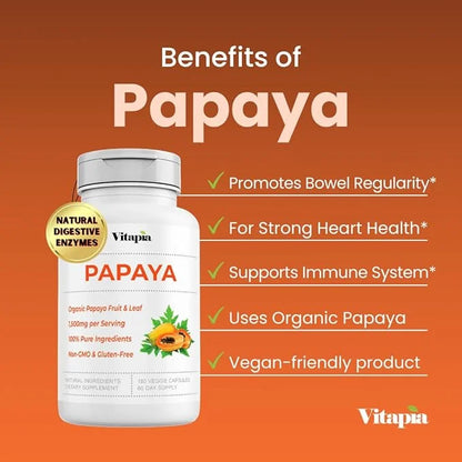 Papaya Fruit Enzyme Capsules for Digestion, 1500mg Organic 180 Veggie