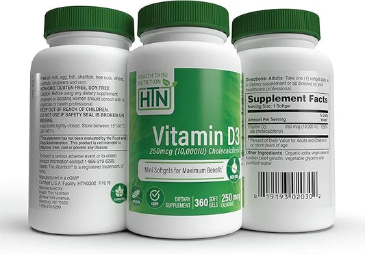 Health Thru Nutrition Vitamin D3 10,000iu 360 Mini 250mcg Cholecalciferol 3rd Party