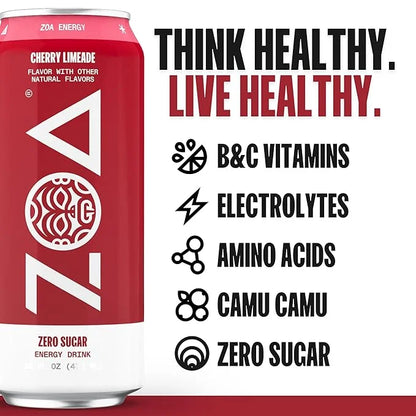 ZOA Zero Sugar Energy Drink, Cherry Limeade - Sugar Free with Electrolytes, Healthy Vitamin C, Amino Acids, Essential B-Vi...